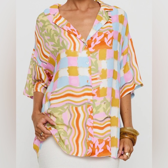 Princess Polly Tops - Princess Polly Caraliia Abstract Print Oversize Camp Shirt